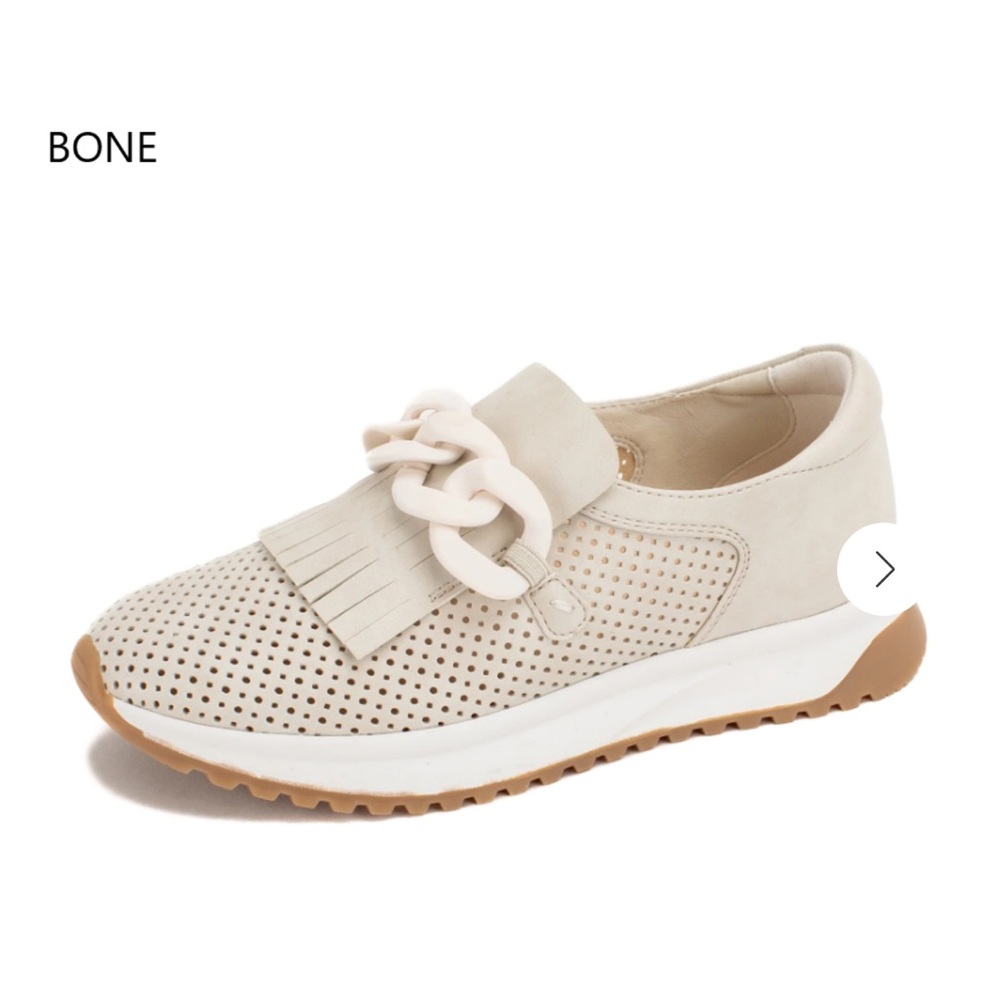 Yellow Box Bone Perforated Slip-On Sneaker with Fringe and Chunky Chain